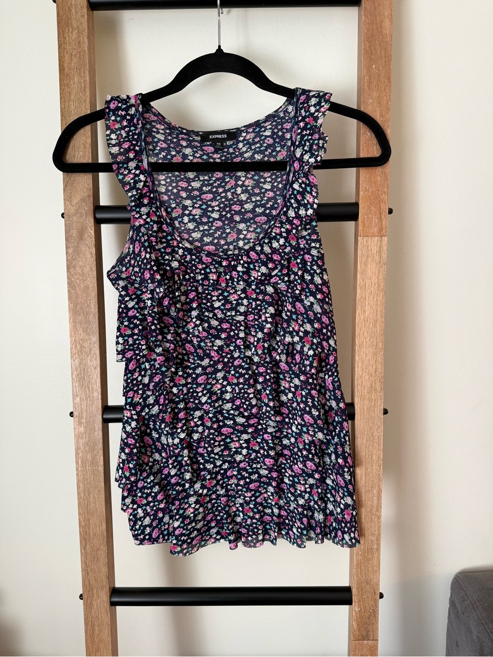 Express Floral Ruffle Tank Top - Navy with Pink & White Flowers circa 2009